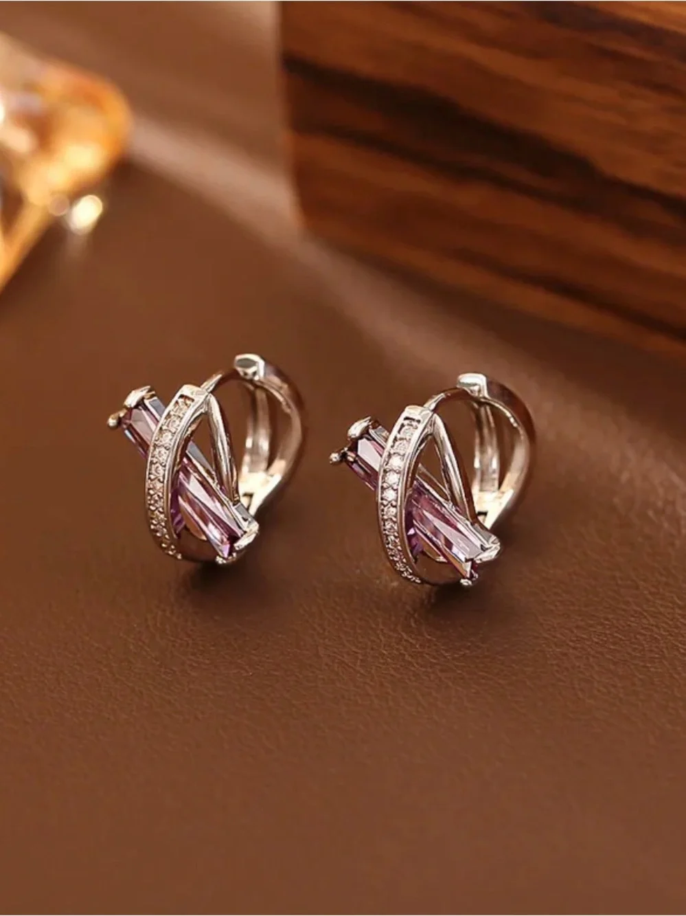 Lavender Crystal Accent Huggie Earrings NWT Gold Plated